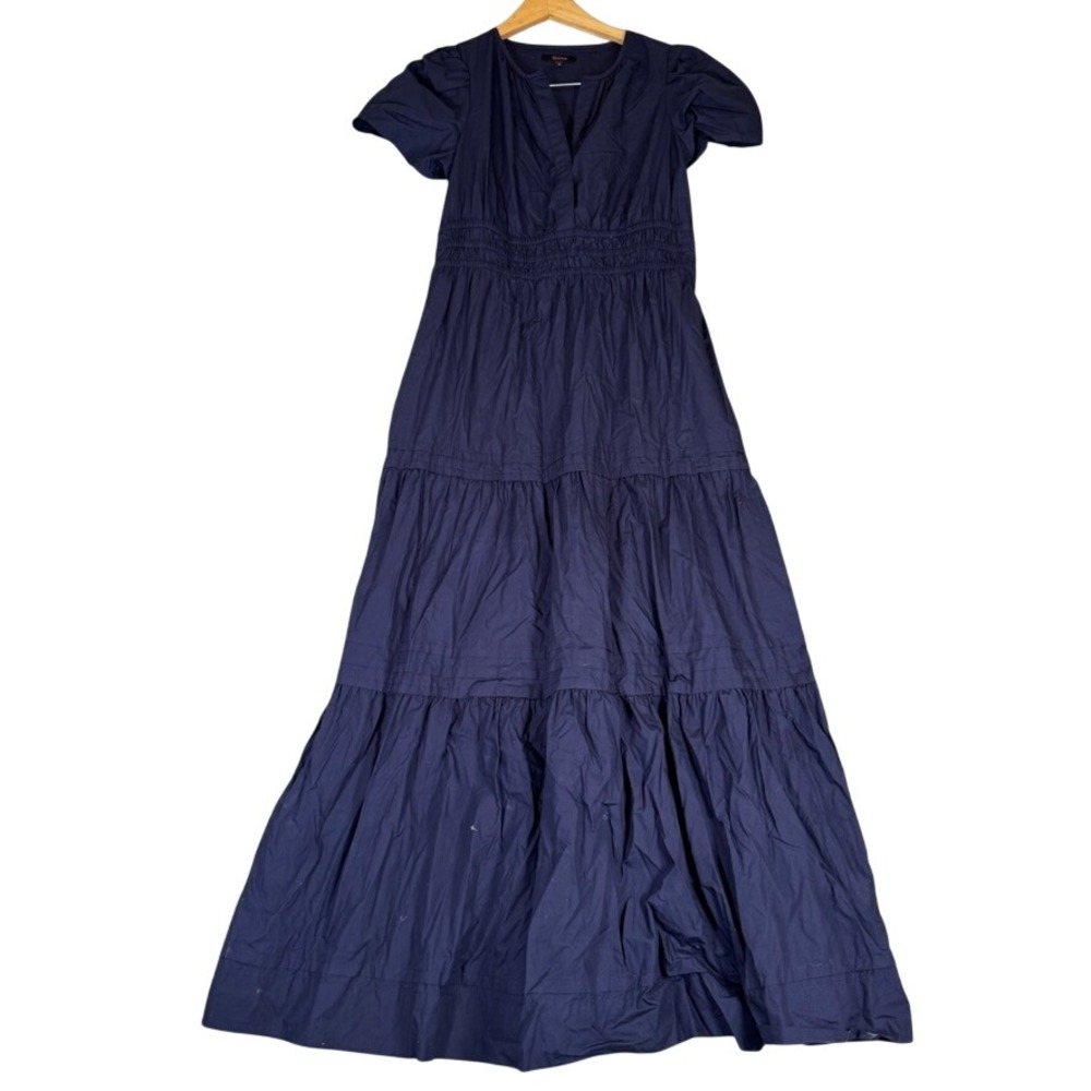 Quince Navy Blue Cotton Poplin Tiered Maxi Dress Smocked Waist V-Neck Small